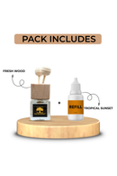 Car Perfume Wooden Diffuser with Freshwood & Tropical Sunset Fragrance for Luxury Aromatherapy & Freshness for Drivers, 5ml + 5ml Refill
