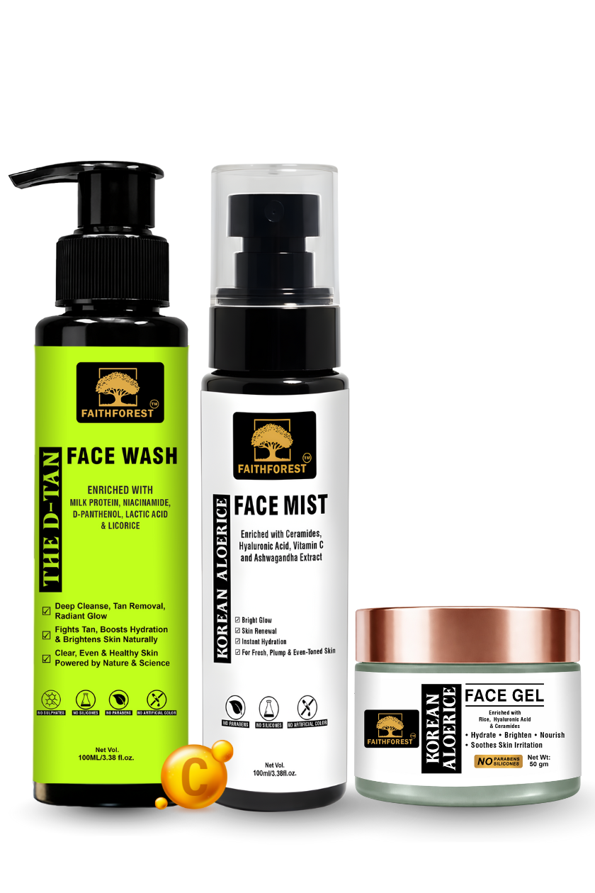 Glow Magic Combo: D-TAN Face Wash 100 ml, Aloerice Face Mist 100 ml & Aloerice Face Gel 50 g - Brighten, Hydrate & Renew with Niacinamide & Ceramides Formula