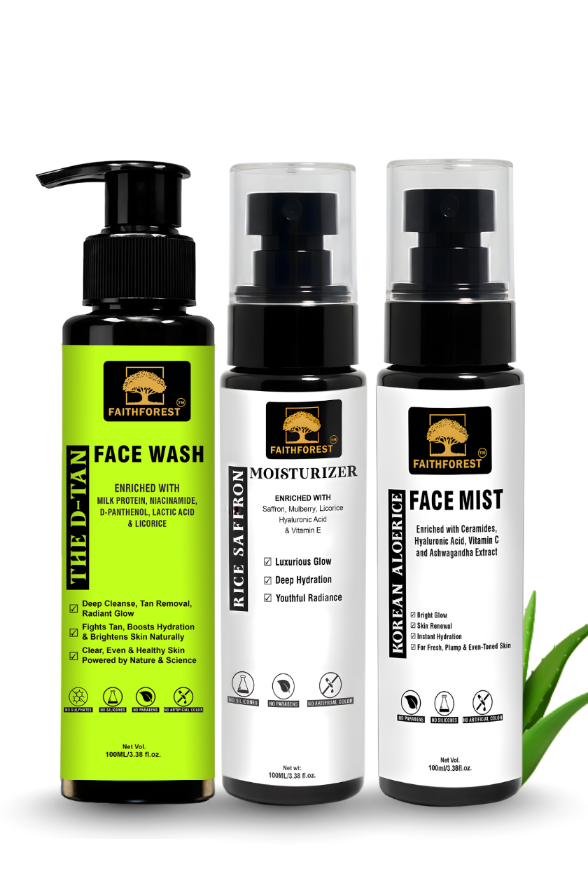 Shine Chemistry Combo: D-TAN Face Wash 100ml, Aloerice Face Mist 100ml & Rice Saffron Moisturizer 100ml - Brighten, Hydrate & Tan Removal with Niacinamide & Hyaluronic Acid