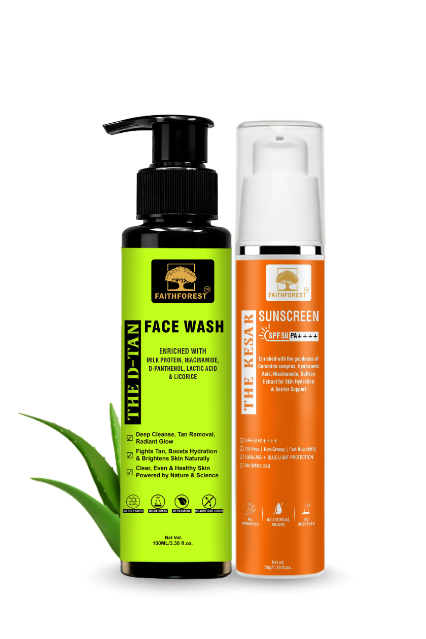 Skin Story Combo: Ultimate Tan Removal & Sun Protection Duo | D-TAN Face Wash 100ml & Kesar Sunscreen 50g (SPF 50 PA++++, Oil-Free)  - Niacinamide, Saffron & Turmeric Formula