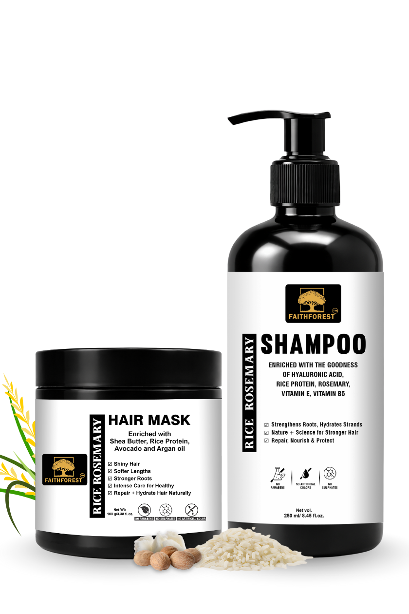 Rice Rosemary Hair Wash & Nourish Combo (Shampoo 250ml + Hair Mask 100g) Enriched with Argan Oil & Shea Butter for Stronger and Shinier Hair