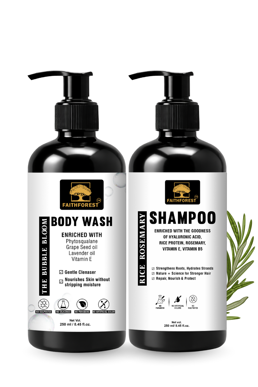 Bloom & Shine Combo: Rosemary & Rice Shampoo 250ml + Bubble Bloom Body Wash 250ml - Phytosqualane & Vitamin E Formula