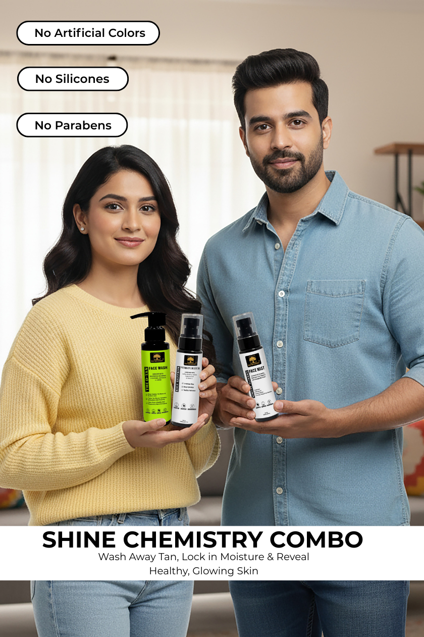 Shine Chemistry Combo: D-TAN Face Wash 100ml, Aloerice Face Mist 100ml & Rice Saffron Moisturizer 100ml - Brighten, Hydrate & Tan Removal with Niacinamide & Hyaluronic Acid