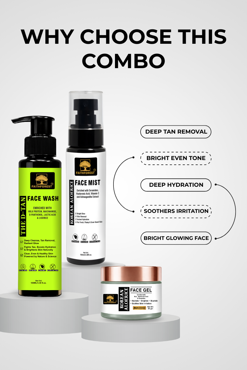 Glow Magic Combo: D-TAN Face Wash 100 ml, Aloerice Face Mist 100 ml & Aloerice Face Gel 50 g - Brighten, Hydrate & Renew with Niacinamide & Ceramides Formula