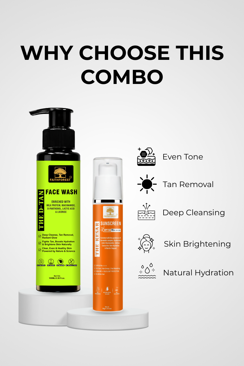 Skin Story Combo: Ultimate Tan Removal & Sun Protection Duo | D-TAN Face Wash 100ml & Kesar Sunscreen 50g (SPF 50 PA++++, Oil-Free)  - Niacinamide, Saffron & Turmeric Formula