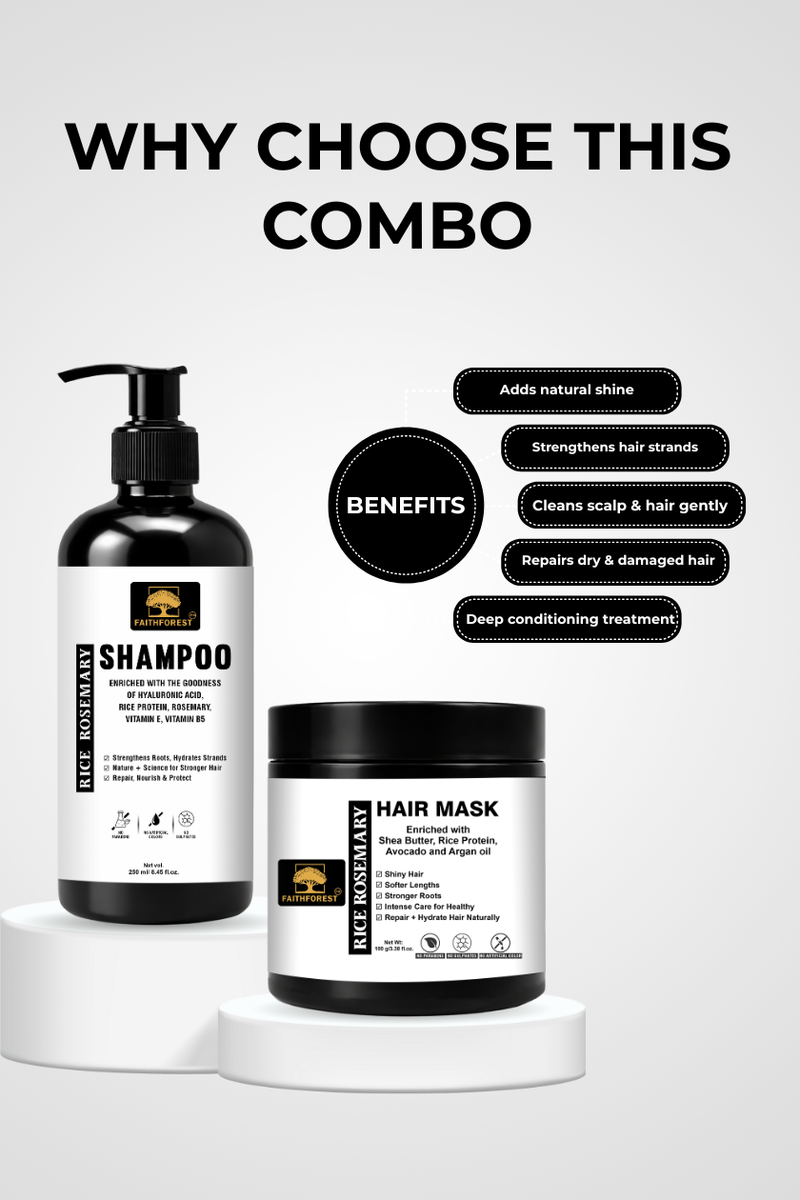 Rice Rosemary Hair Wash & Nourish Combo (Shampoo 250ml + Hair Mask 100g) Enriched with Argan Oil & Shea Butter for Stronger and Shinier Hair