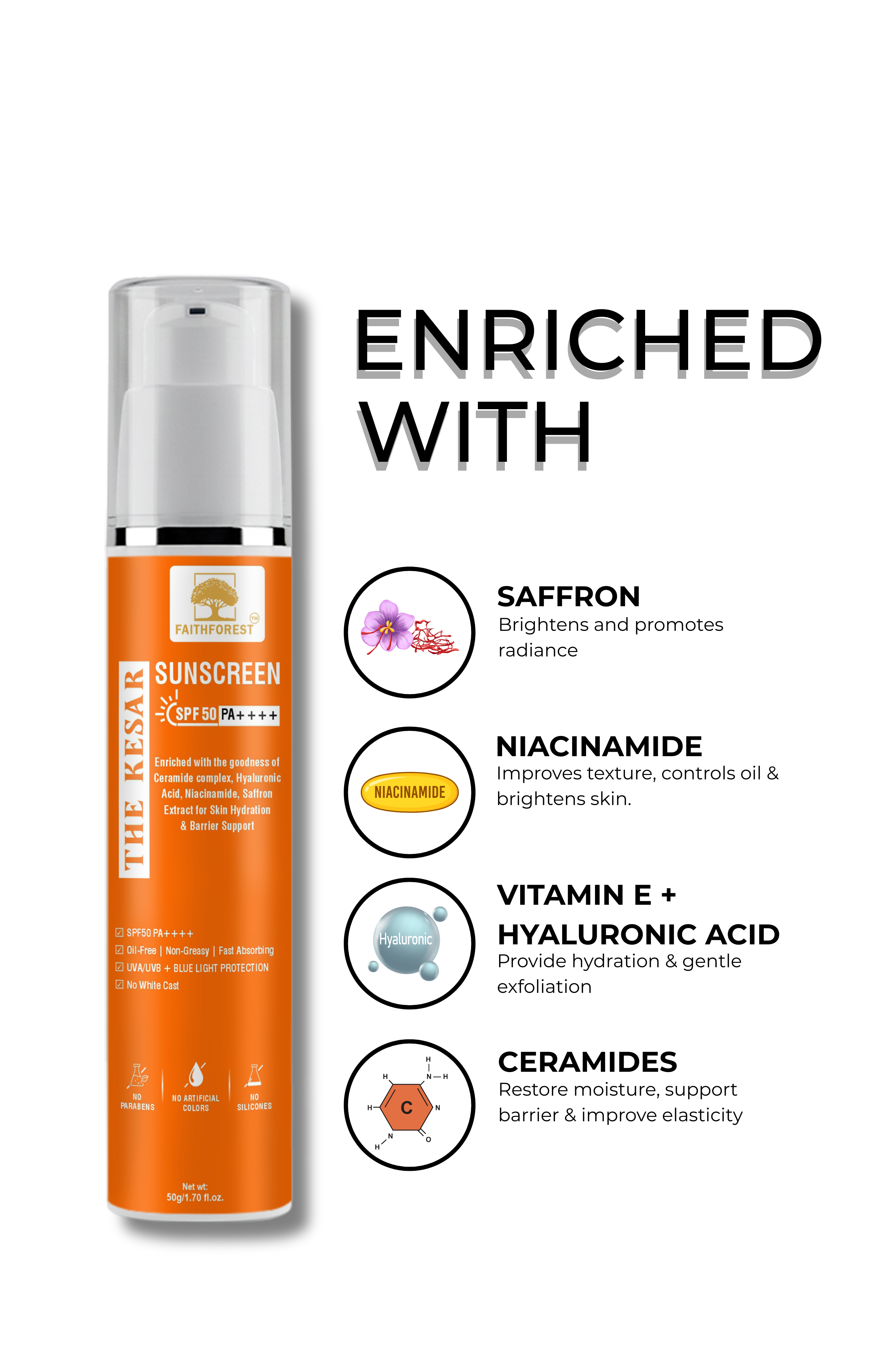 FaithForest Kesar Sunscreen SPF 50 PA ++++ ingredients