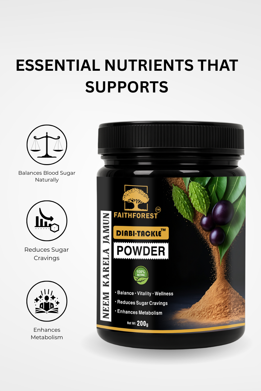 FaithForest Diabi-Tackle Neem Karela Jamun Powder 200g | Ayurvedic Herbal Blend for Blood Sugar Support | Natural Detox & Metabolism Support