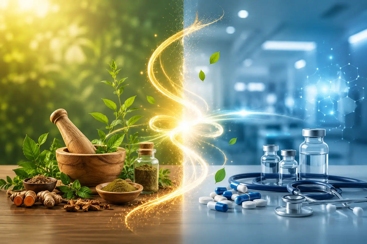 Ayurvedic herbs on one side, clinical science on the other