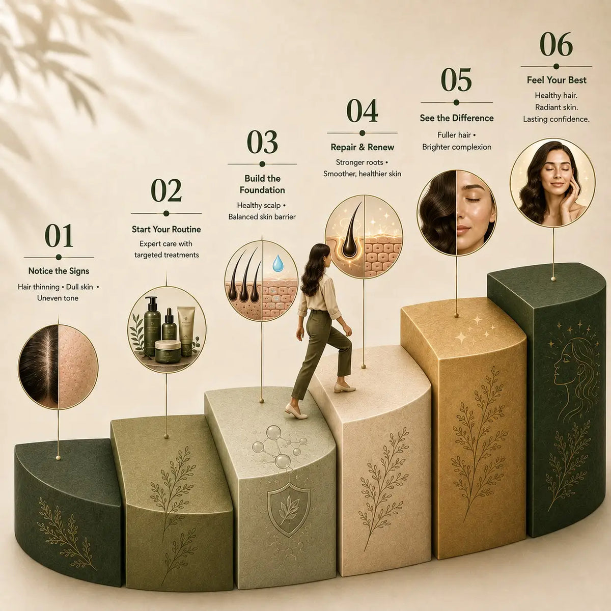 Six steps of the FaithForest journey: notice the signs, start your routine, build the foundation, repair and renew, see the difference, feel your best